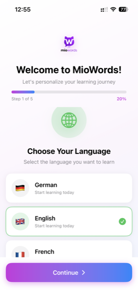 MioWords language selection screen showing English, French, German, and Spanish options