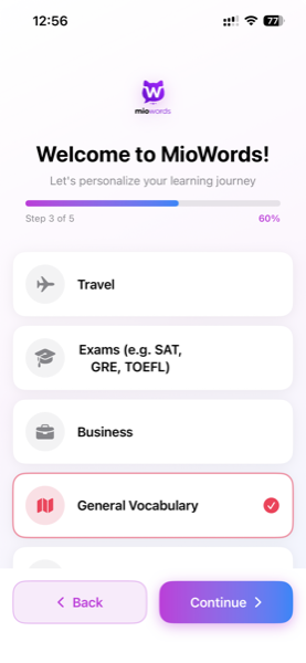 MioWords learning goals selection with Travel, Business, Exams, and General options