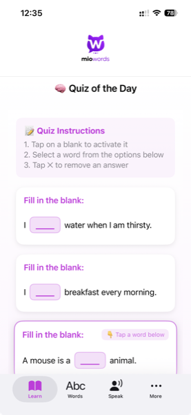 MioWords quiz interface with multiple choice questions